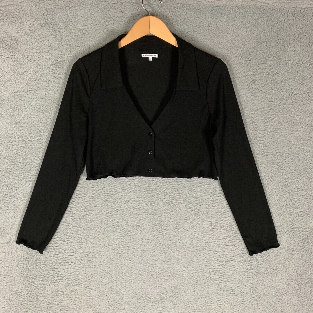 Reformation Cropped Top Womens Large Black Collared Button Front Stretch Ribbed
